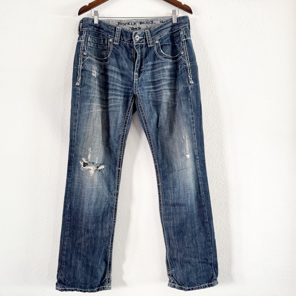 Buckle Black Jeans Distressed Denim Three Fit 34X32 Fade Stitching Medium Wash